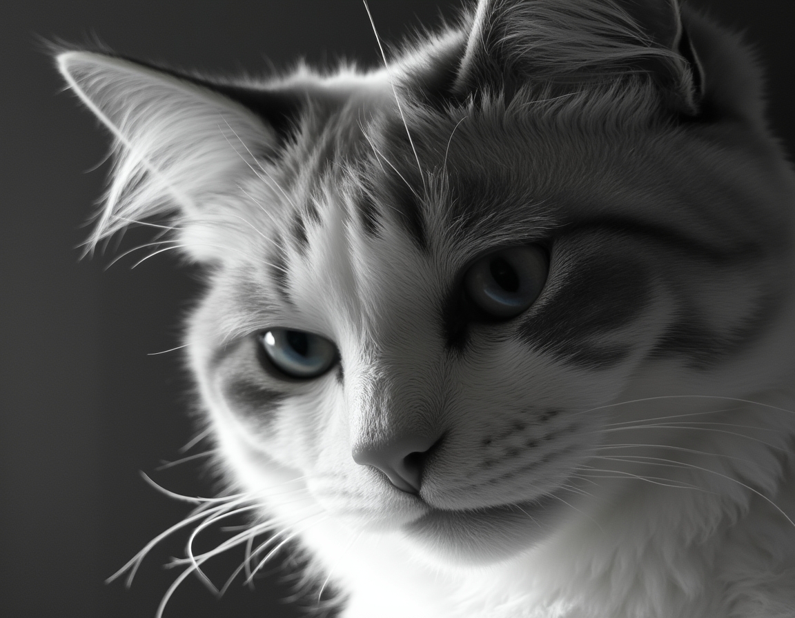 Close-up black and white studio portrait of a cat’s face, lit with soft diffused light. Every whisker, eyelash, and fur strand is rendered in hyper-detailed monochrome.